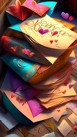 A bunch of love letters, realistic, professional, art, detailed, vibrant colors.