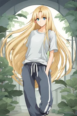 attractive anime woman with blonde long hair, t-shirt and sweatpants, full body in frame,