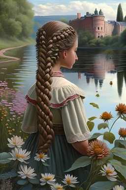 A girl plants a flower in front of a river On its bank is a palace and her hair is braids