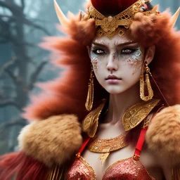 Barbarian anime character, animal hide armor, physically fit, tribal tattoos, scars, washboard abs, red facepaint, red hair, dark eyeshadow, intricate eyeliner, soft round eyes, beads in hair, 8k resolution, cinematic smooth, intricate details, vibrant colors, realistic details, masterpiece, oil on canvas, smokey background