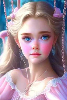 A very beautiful princess with a round face, wide blue eyes, a thin nose, a luminous face, and clear skin. She wears light pink makeup. She rides the swing and her hair flies.