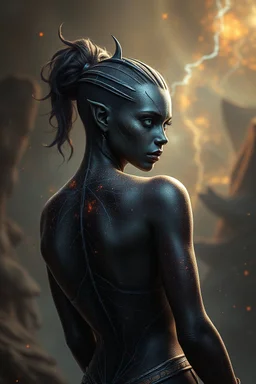 Please generate a female earth genasi cleric in the tempest d. She should have dark-colored skin with glittering sparkles like gem dust. She should have lines marking her skin like cracks, showing glimmering . .in the back ground scary face in her back try to touch the girl