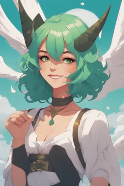 concept art of a beautiful smiling woman with green hair, by Krenz Cushart, clouds, detailed digital artwork, illustrative, key visual, highly detailed, cinematic composition, free, liberation, holy light, majestic, magical, devil wings, pointy dog ears, high contrast,