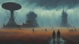 Carnival of Contradictions, dense fog, a apocalyptic pop sutechno gothic noir, gritty dystopian living, harsh landscape, science fiction LO-fi painting, ((Simon Stålenhag, Denis Sarazhin, Alex Colville, Christopher Shy, Minoru Nomata, Romain Trystram, Quint Buchholz)), ominous sky, retro-futuristic horror anthology, (strange creatures), strange, RAW, gritty, high contrast,, techno analog gothic, grim overtones, ominous sky, vivid, dusty, blizza