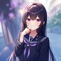 Clear focus,High resolution,High quality, Wearing a sailor uniform, Black long straight hair, Purple sparkling eyes, Hand on mouth, Crying, Smiling