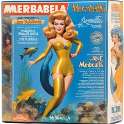 A photograph of a pristine action figure encased in its packaging, evoking a sense of collectible wonder, styled after a vintage toy advertisement. The box prominently displays "Merbarella" in bold, stylized lettering, with the action figure inside clearly resembling youthful Jane Fonda as Barbarella the mermaid, possessing his iconic sci-fi features and her fish tail: her long red curly hair, she wears her iconic silver bikini, in the box: a trident and an aquarium