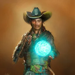 Insanely detailed photograph of an “ a midevil cowboy warrior "with worn Sombrero, handsome charo,cigar,glowing bluish green orb in outstretched hand, hyperdetailed painting by Ismail Inceoglu Huang Guangjian and Dan Witz CGSociety ZBrush Central fantasy art album cover art,8K, hdr, mysterious, flickeringlights ,Stoic