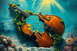 Dramatic oil painting – a broken cello lies submerged on the ocean floor, its wooden body split wide open at the center, exposing its hollow interior like a broken ribcage. Inside the cello’s exposed cavity, vivid tropical fish swim gently, their colors glowing against the dark wood. The instrument is draped in green sea moss and flowing seaweed, partially buried in the sand beside a blooming coral reef. Golden sunbeams pierce through the water, casting ethereal light onto the cello’s internal s