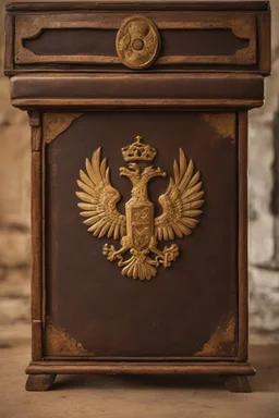 in the BASEMENT there is an old, broken brown oblong leather chest with short handles, with a hole on the side, gold coins from the time of Catherine the Great fall out of it. The ancient coat of arms of tsarist Russia, the double-headed eagle, is BARELY VISIBLE on the bag. All in high quality 8K