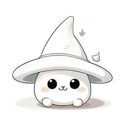 drawing of cute small mochi character with whitch hat on, on white background