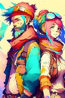 anime couple, adventurers, colorful, man with beard