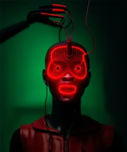 Ultra realistic photographic night portrait, cinematic, African woman, <hanging wires> <retro monitor> many wires coming out of the head <perfect pupil> <cyborg arm> <garage> <wide angle Shot> <retro futuristic> <thriller>, led lights, color fog, soft color, highly detailed, unreal engine 5, ray tracing, RTX, lumen lighting, ultra detail, volumetric lighting, high definition.