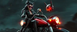 airbrush 3d rendering, mafia cyberpunk stylish lady dr smick Vex is now officially in stasis. No experiments. No clones. No accidental galaxy-ending breakthroughs. motion blur background, meteor bike