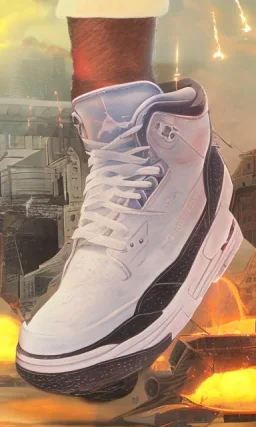 Jordan 3 black sneaker made out of fire. Animation movie style.