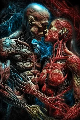 cinematic gore photorealistic fleshy dmt lsd photo of 2 bodies making love, 1 male 1 female, 1 soul, complementary, anatomically fragmented, ripped apart again being flayed, skinned alive. A beating heart, muscles, blood vessels, bowels, entrails are exposed. anatomy. physiology. astrology. astronomy. hallucinations. mythology. grotesque.