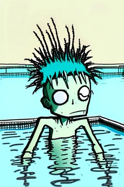 2d drawing of a stickman, cool with punk hair, x eyes like in hangman, in swimming pool, laying on hands on the side of pool, 3d realistic in colour