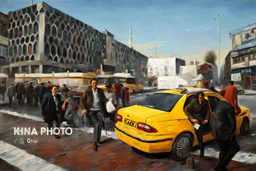 men models in a street in a taxi oil painting