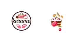 A round logo with a black, blue and pink border named (karamel) designed for a candy store with a red and pink gold color theme on a white background and using the symbols of cream, chocolate, birthday cake and some hanging cherries. Next to the logo in the design
