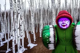 One Northern Native Gaffer. Indigenous, birch-bark face-cover, Kekripukki, carrying drums made of birch-park, Scary Horns, Midwinter, Ghost, Mystic, Haunted Children, The children are dead, Witch, Wizard, Sage. Traditional Costumes are white with red ornaments and patterns. Faces are painted with purple and green. Arctic Hills, Strange trees, Haunting Atmosphere, Crazy, North-Carelia, Karelia, Karjala, Karjalainen, traditional Carelian costumes, black tears,