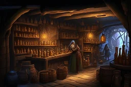 inside of a medieval shop, wooden walls, log pillars, stone bar with shop keeper behind it, magical ingredients on display and weapons on display. people, elves, goblins, orcs, dwarves and lizard folk in room. low lighting and creatures in containers