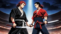 yujiro hanma vs yoriichi tsugukuni, baki vs kimetsu no yaiba, two mans standing in front of each other, a big strong man in black shirt with red hair and evil grin in martial art's stance facing a smaller feminine swordsman with long hair and calm face reaching for his sword in traditional japanese clothes both preparing to fight each other