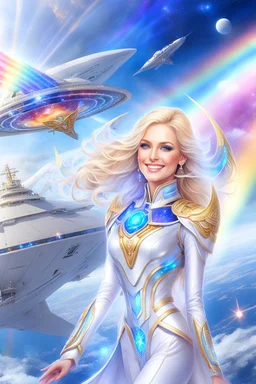 cosmic woman angels smile,admiral high commander from the future, one fine whole face, crystalline skin, expressive blue eyes,rainbow, smiling lips, very nice smile, costume rainbow pleiadian, Beautiful tall woman pleiadian Galactic commander, ship, perfect datailed golden galactic suit, high rank, long blond hair, hand whit five perfect detailed finger, amazing big blue eyes, smilling mouth, high drfinition lips, cosmic happiness, bright colors rainbow, blue, pink, gold, jewels, realist,8k