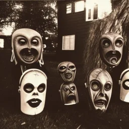 Creepy photo, folk town strange masks, alien