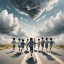 Hyper Realistic Aerial Back View Of 16 Children (Male Female Both Children Wearing Keffiyeh Fabric Whirling) Happily Running On Cloudy Road Towards Heaven On Sky With White Clouds Around The Children At Cloudy-Day Environment Showing Dramatic & Cinematic Ambiance.