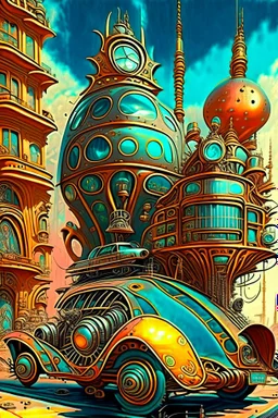 Cars and vehicles, steampunk sci-fi City, Chromolithography, weird, cinematic, psychedelic tableaux art, extremely detailed, high resolution, creative