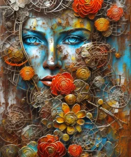  an abstract painting of rusted metal and flowers, african portrait, rust, scaffolding, iron cladding, decay, mixed media, textured, anatomically correct, beautiful perfect face, sharp focus, highly detailed, injured face