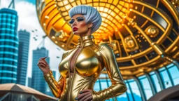 woman in a silver catsuit with gold circuitry built in, standing in a futuristic alien city holding a parasol shaped like a mushroom with tentacles