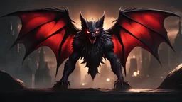 Hellish bat creature with long venomous fangs, decrepit wings, and red eyes in 8k solo leveling shadow artstyle, machine them, close picture, rain, intricate details, highly detailed, high details, detailed portrait, masterpiece,ultra detailed, ultra quality
