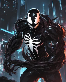Venom mix with machine in solo leveling shadow artstyle, cyberpunk them, intricate details, highly detailed, high details, detailed portrait, masterpiece,ultra detailed,best quality