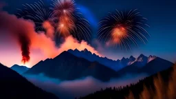 Fireworks in the sky over mountains