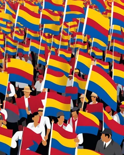 Groups of people marching with flags of Colombia graphic illustration retro 4k art