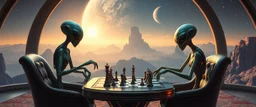 aliens playing chess in lounge on beautiful planet