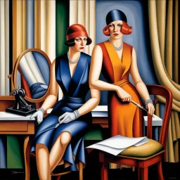 Two 1920s tailor women making a dress, by artist "Catherine Abel" by artist "Tamara de Lempicka",highly detailed elegant beautiful crisp quality, colourful