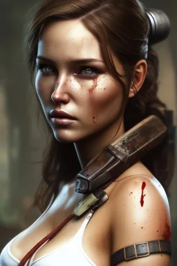 Camilla Luddington face, lara croft clothes, mouth shut, busty hitomi tanaka, dirty face, mud, blood, sweat,pintura, details,texture,8k quality, florest, Minimalism, Romanticism, Expressionism, Impressionism