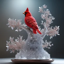 Intricat filigree Crystal Cardinal bird sculpture nestled in a crystal bonsai tree, Crystalline creation, intricate and captivating qualities of crystals, made using dazzling crystals, crystal textures, crystal magical appeal, stunning charm and mystique, Amazing hyperdetailed masterpiece, 3d Octane Render, realistic, volumetric lighting, by Android Jones, WLOP, Mumford