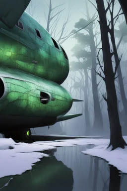 An airplane glowing green cracks within, Jeff Easly art style