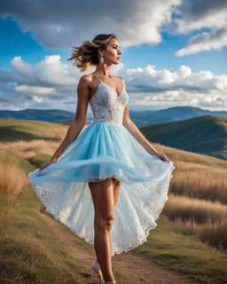 full-body closeup shot of a young, beautiful girl with a perfect face and makeup,wearing pretty dance dress standing in a stage in open air nice hills , blue sky ,pretty clouds at distant