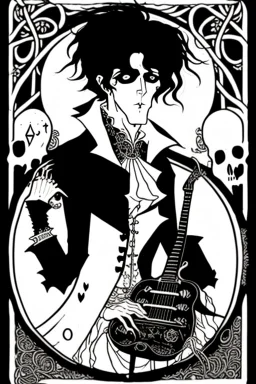 goth male necromancer with black hair playing a theramin in the style of Aubrey Beardsley