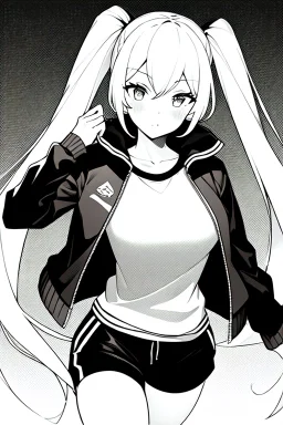 blonde girl with ponytails dressed in a jacket and shorts, greyscale