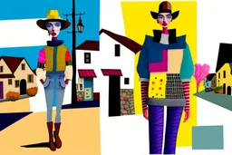 whimsical arafed nonsense, patchwork vibe, acrylic and ink painting of a cozy village main street on undulating hills with color (((minimal))) sketches of village people with (((extremely long limbs))), (((oversize head))), sharp color contrasts, amazing shadows, (((exaggerated limbs and head))), minimal cozy, warm palette, bright bold warm summer colors, color leak, sparse bright orange-red splinters, heavily distorted views, amazing parallels, amazing reflections
