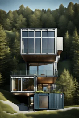 Medium-sized modern house made from shipping containers, on a hill overlooking the woods, photorealistic
