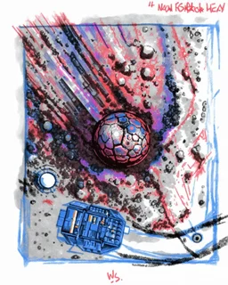 High-altitude lunar reconnaissance satellite image of a young impact crater with larger regolith along right ride. A damaged metallic alien sphere with fracture lines like an egg. organic growth across regolith and up crater walls. Along the lower frame edge a small modern bare-bones lunar-vehicle sits near the rim with visible wheel tracks. comic pencils