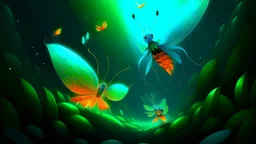 adorable cartoon style, A digital artwork portraying insects like green lacewings and orange tiger moths gliding through a core of translucent, glowing leaves, with a mystical blue light illuminating the surrounding soft, flowing mist., deep teal and light grey color scheme, dramatic dutch light, 3d render cartoon