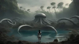 Wide-angle shot of a woman, standing on the right hand side of an alien beach, with dark hair in a silver robotic catsuit, many floating aliens with long tentacles, alien jungle trees in the distance detailed matte painting, deep colour