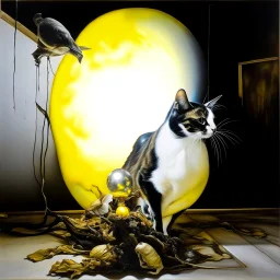 Abstract painting formed by a mix of human flesh-like surgical instruments and universe-like neuralink, a cat looking at a pigeon inside a huge bulb between light and shadow at dusk,surrealism,minimalism,Painting By Adrian Ghenie, Rene Magritte, Salvador Dali, Lucian Freud