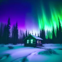 analog film minimal liminal icy cabin front elevation squared off and centered with icy trees behind and purple green aurora borealis - foreground is simple snowy plain